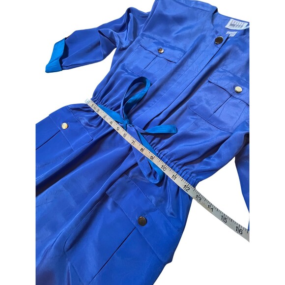 Vintage 90s Dress‎ Leslie Fay Midi Belt Pockets Satin Blue Retro Long Sleeves 10 - Picture 7 of 16